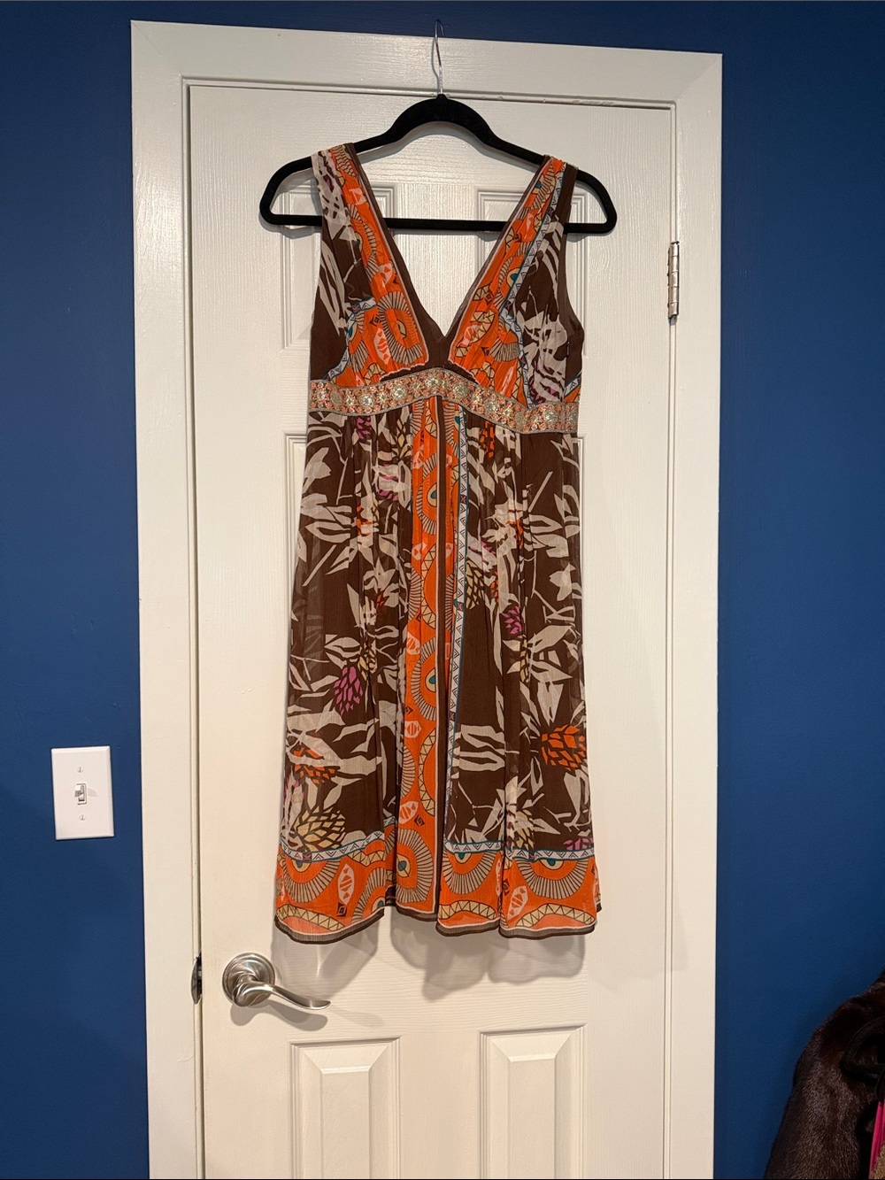 Nicole Miller Brown Floral Midi Dress with Orange Accents